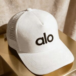 ALO Yoga White Trucker Hat with Black Embroidered Logo